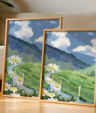 Meadow with Daisies Under Bright Blue Sky