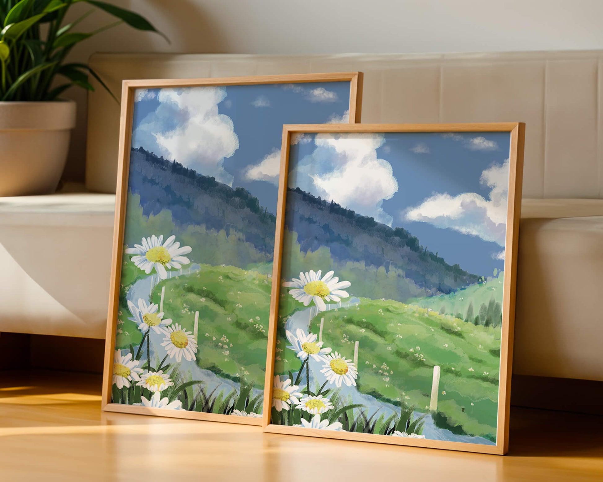 Meadow with Daisies Under Bright Blue Sky