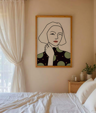 Modern Minimalist Portrait of a Winking Woman in Green Polka Dot Dress - Mi tienda