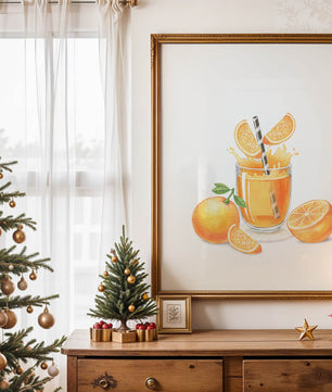Illustration of a refreshing orange juice with fresh oranges and splash
