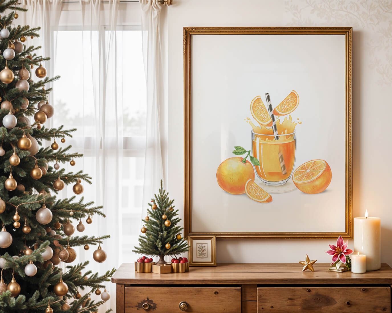 Illustration of a refreshing orange juice with fresh oranges and splash