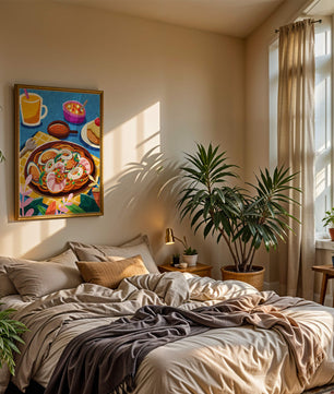 Escena ilustrativa de desayuno colorida con pasta y bebidas