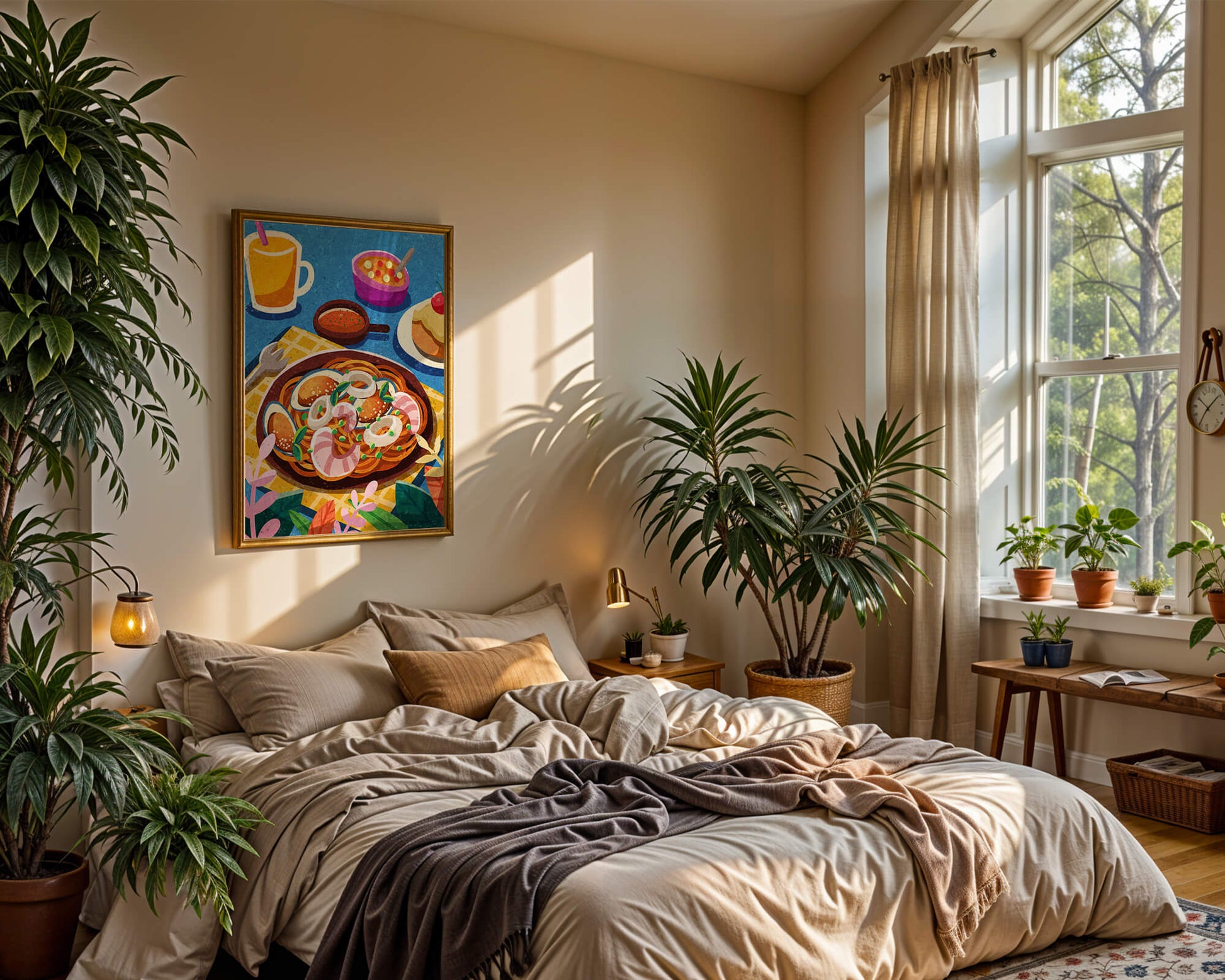 Colorful Illustrative Breakfast Scene with Pasta and Drinks