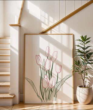 Wunderschöne rosa Tulpen mit grünen Blättern auf einer minimalistischen Leinwand