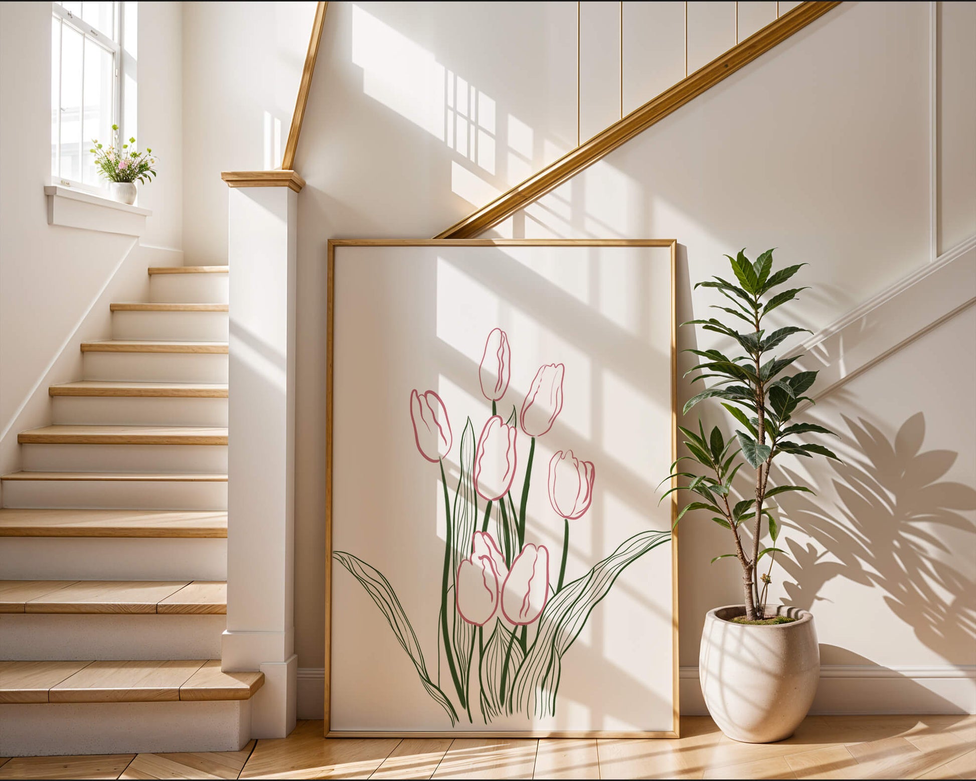 Wunderschöne rosa Tulpen mit grünen Blättern auf einer minimalistischen Leinwand