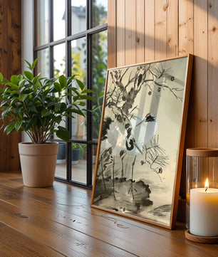 Traditional Japanese Painting of Cranes with Pine Tree and Gold Details