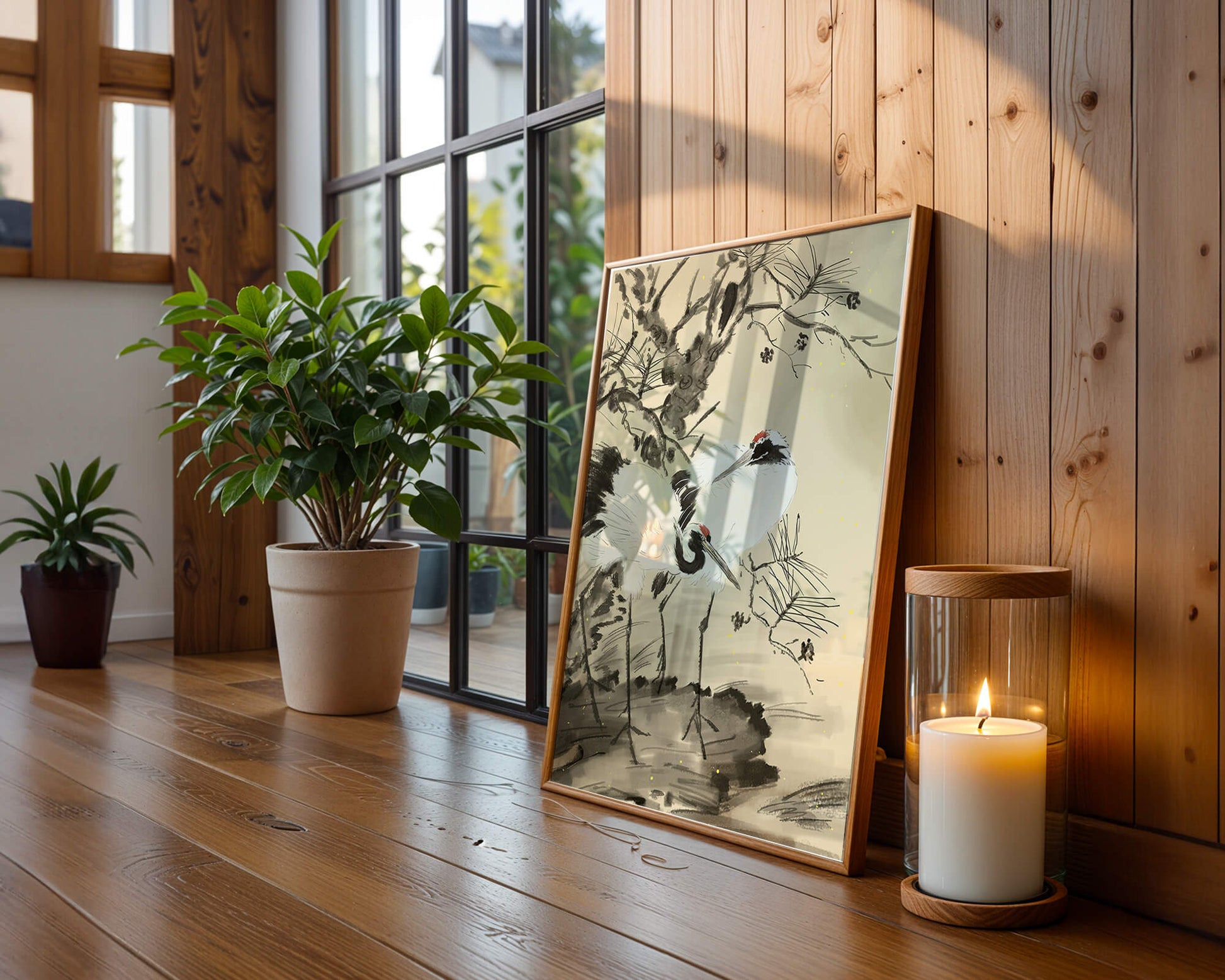 Pintura tradicional japonesa de grullas con pino y detalles dorados