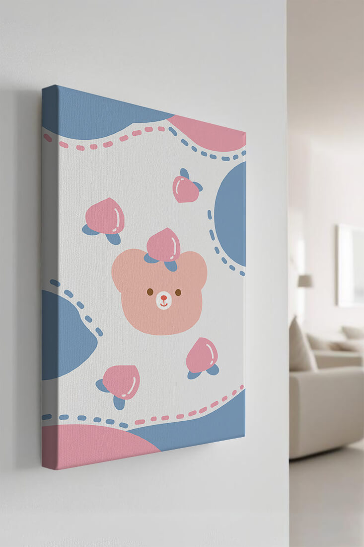 Adorable pastel bear with peaches and dotted background