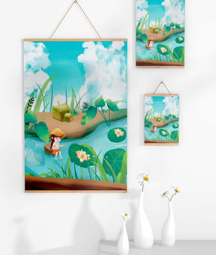 Ruhige Illustration eines Kindes, das an einem Teich mit Seerosen angelt