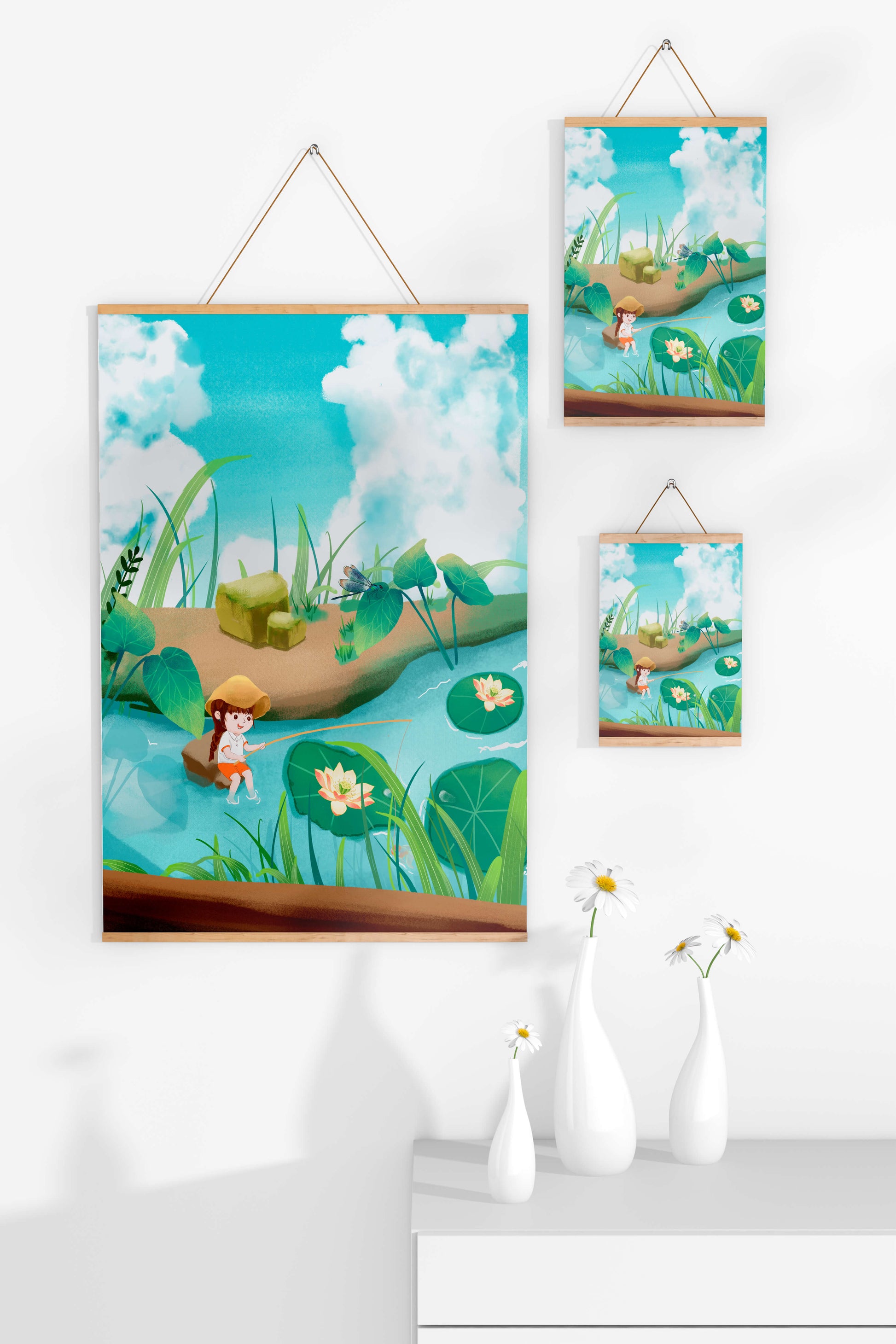 Ruhige Illustration eines Kindes, das an einem Teich mit Seerosen angelt