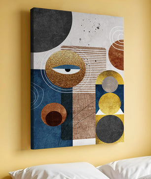 Obra de arte geométrica abstracta con elementos dorados y azules