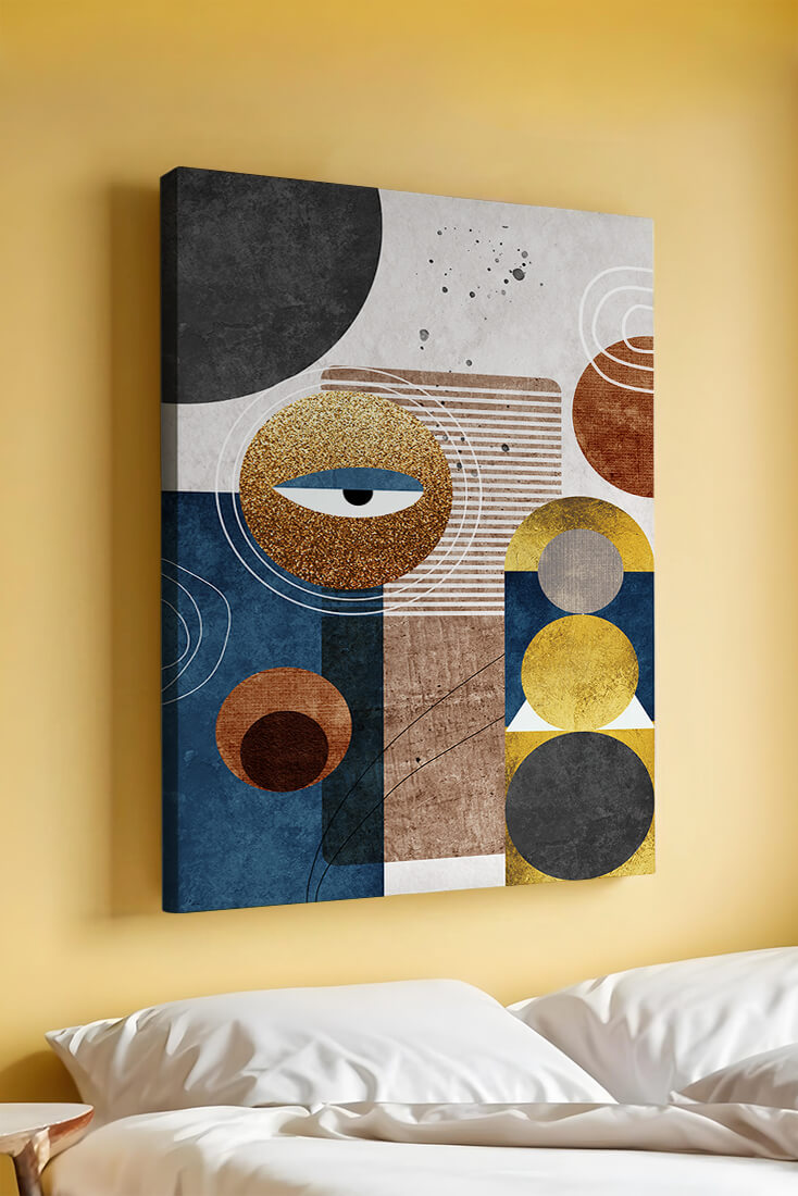 Abstract geometric artwork with gold and blue elements