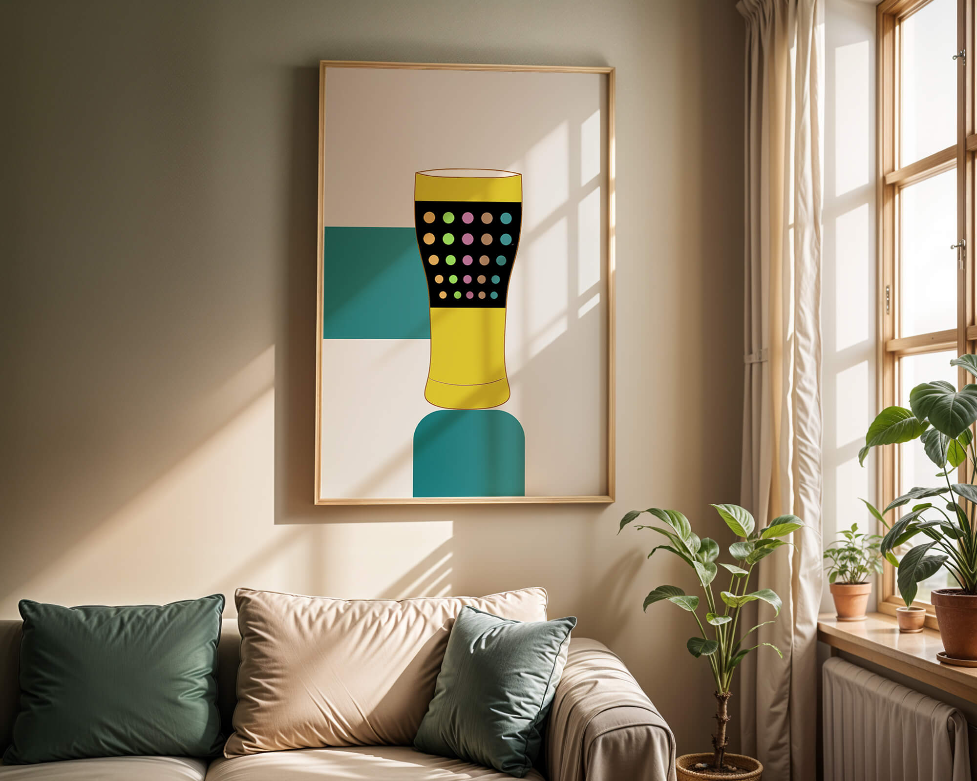 Colorful abstract illustration of a pint glass with dotted pattern