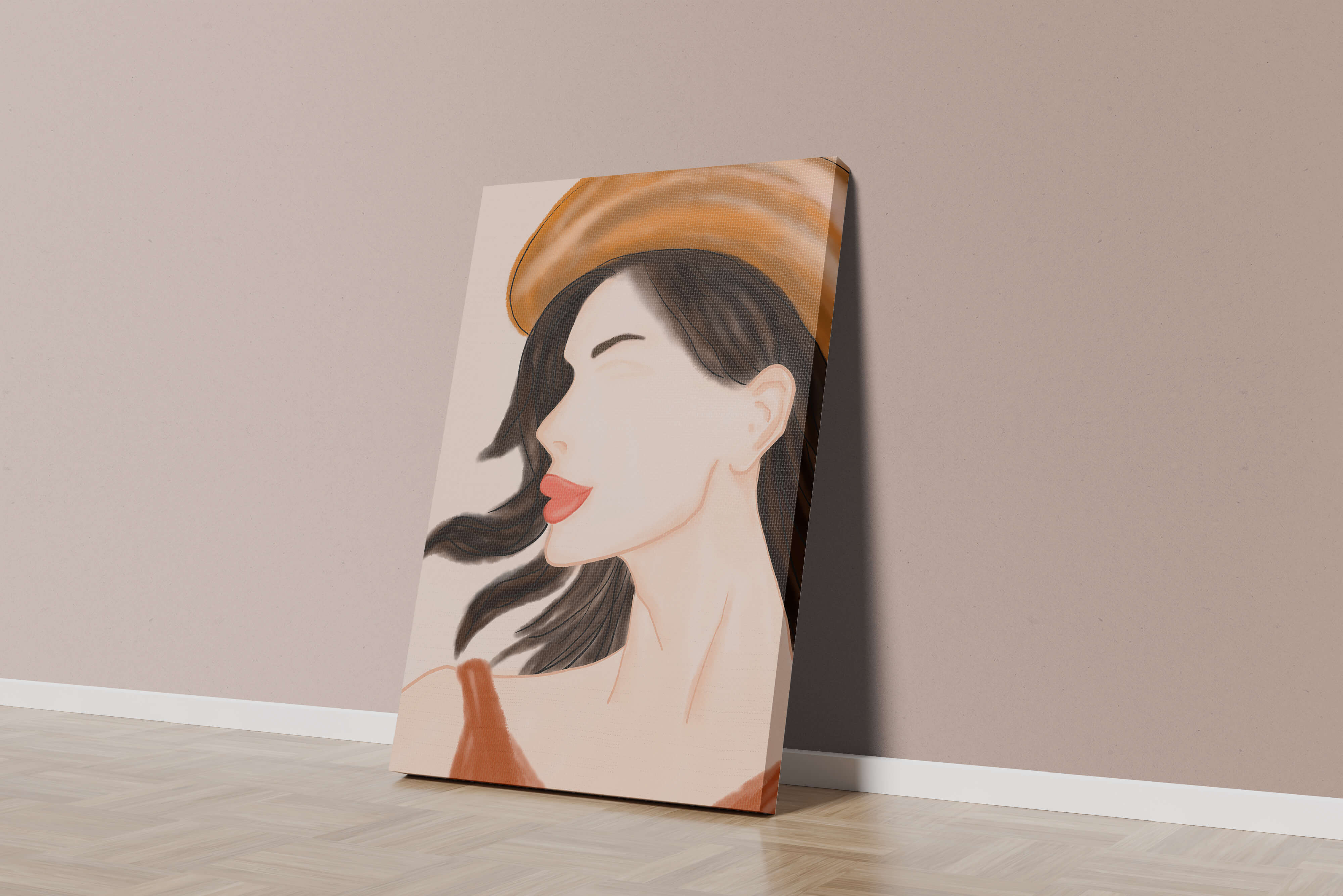 Stylized portrait of a woman in a hat with flowing hair