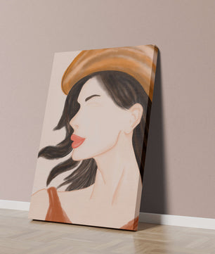 Stylized portrait of a woman in a hat with flowing hair