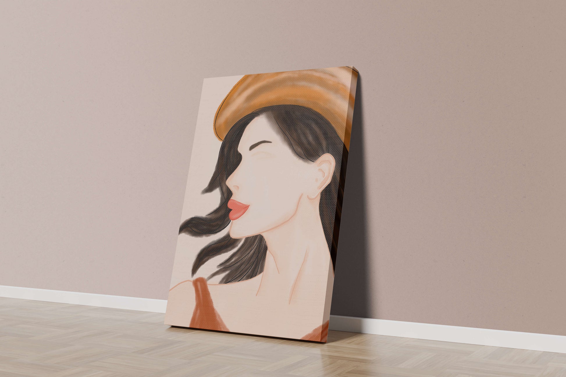 Stylized portrait of a woman in a hat with flowing hair