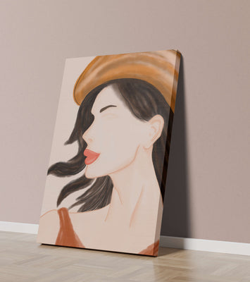 Stylized portrait of a woman in a hat with flowing hair