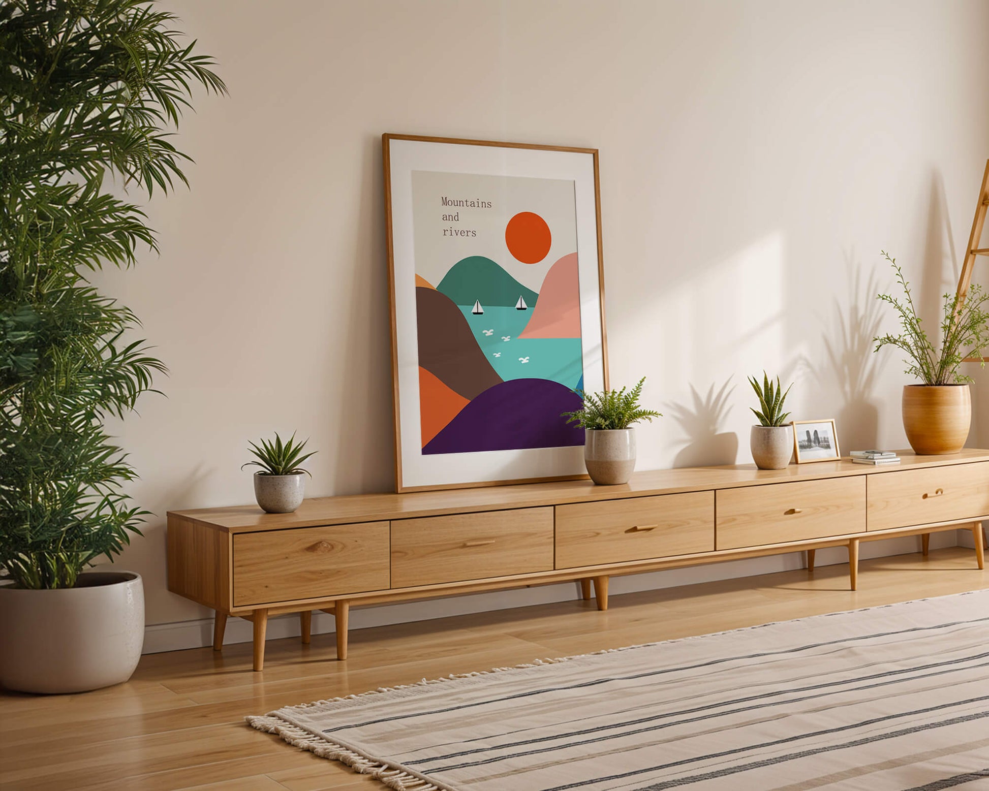 Abstract landscape with vibrant colors and geometric shapes
