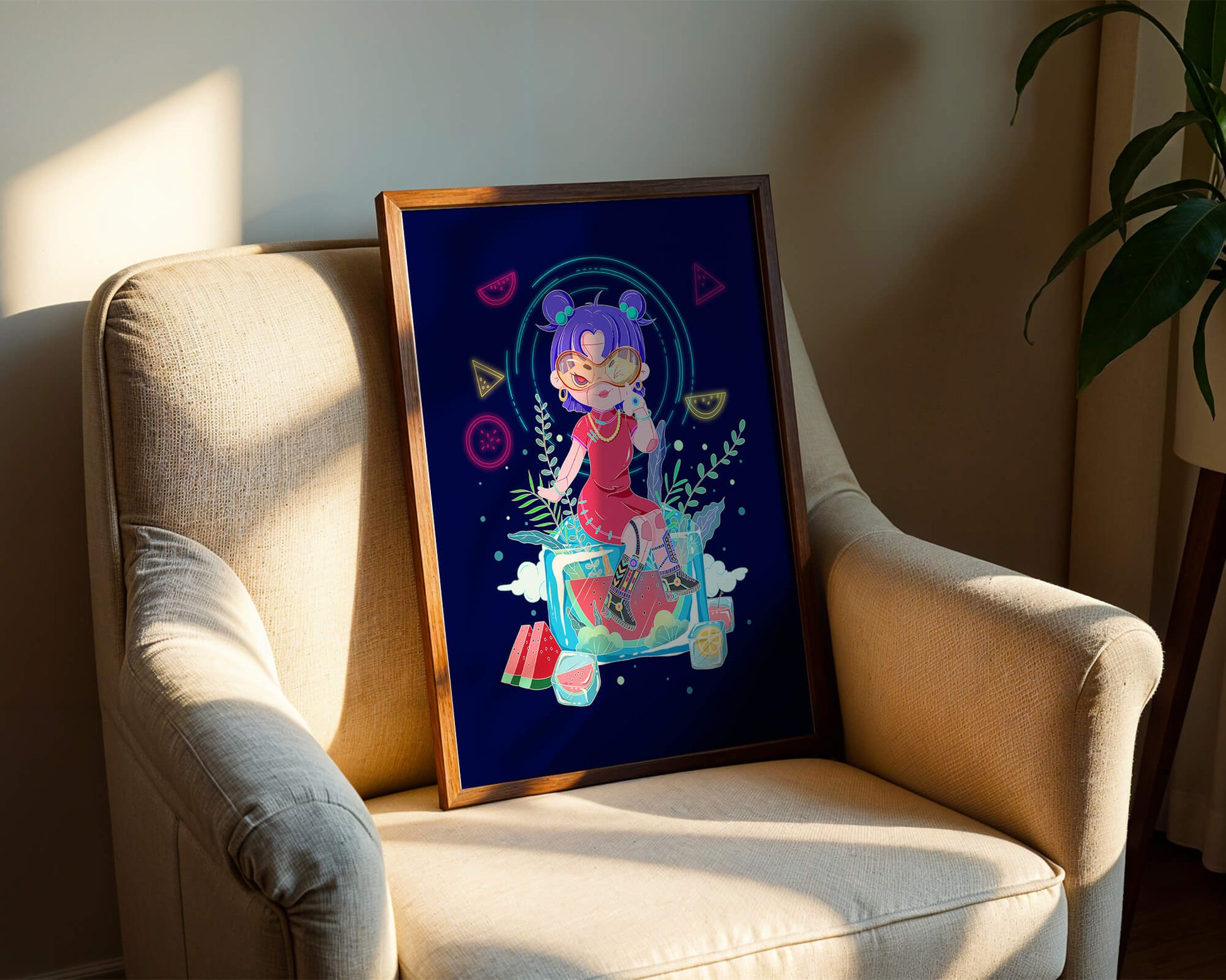 Personnage de dessin animé coloré avec des éléments futuristes