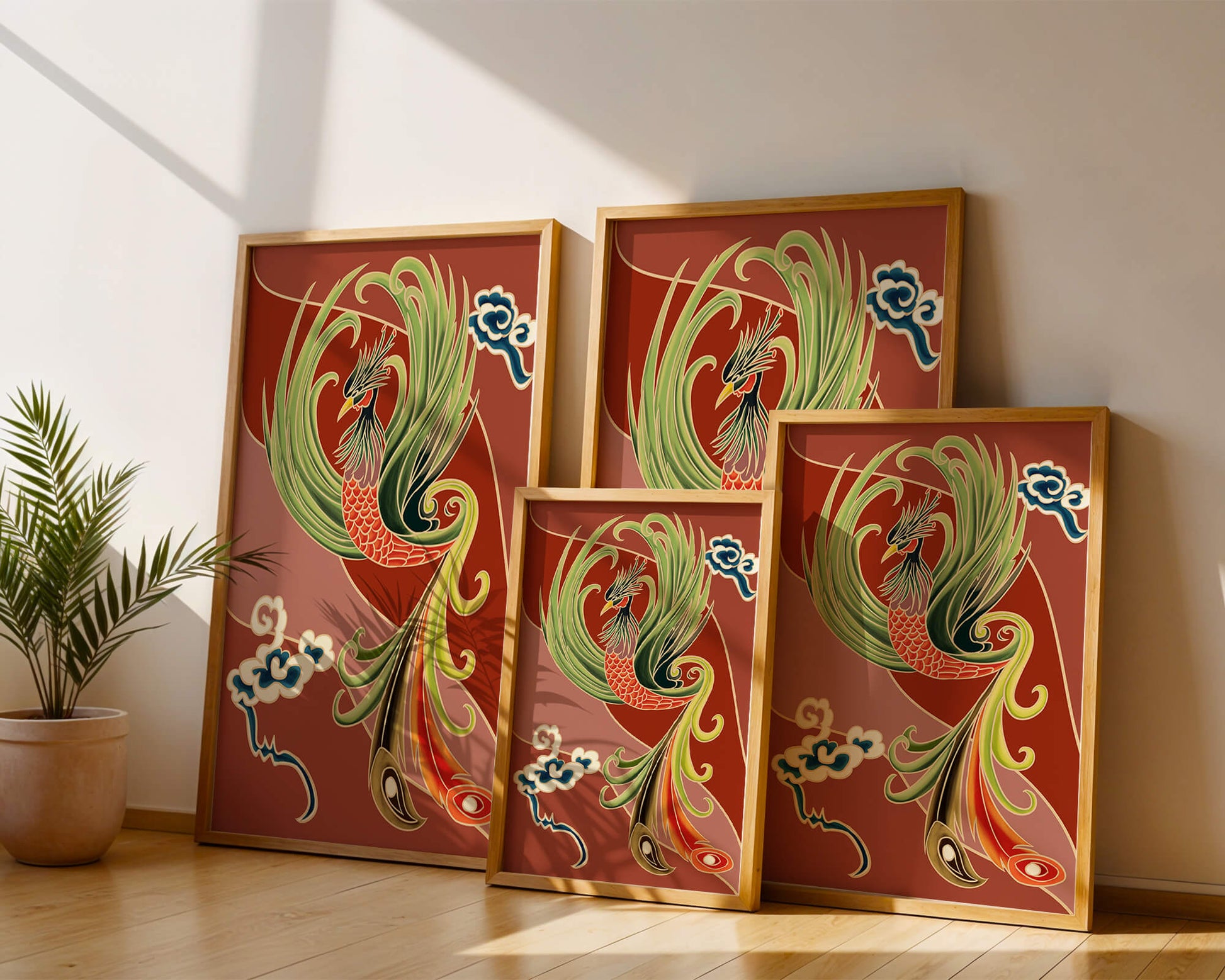 Stylized phoenix illustration with vibrant colors and clouds
