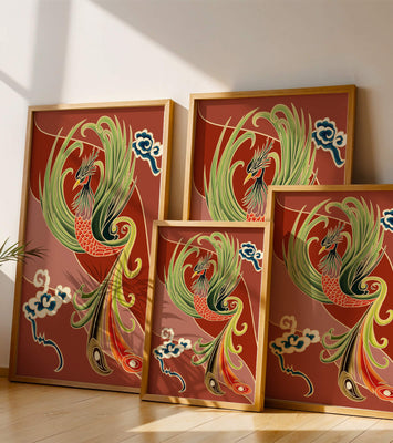 Stylized phoenix illustration with vibrant colors and clouds