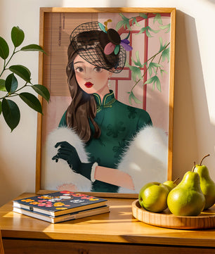 Elegant woman in vintage attire with netted hat and floral elements