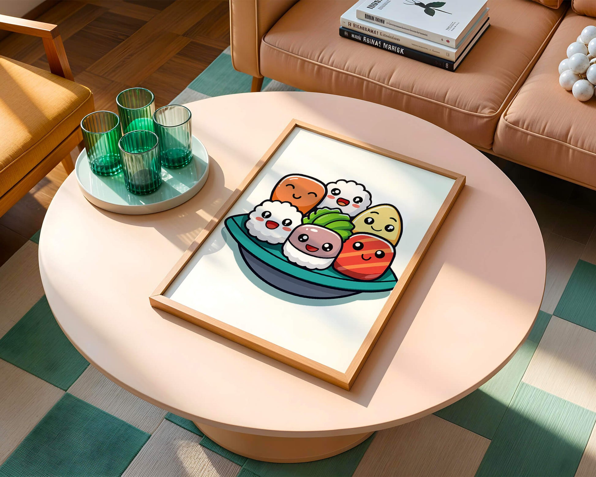 Adorable cartoon sushi characters in a bowl illustration