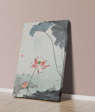 Aquarell Lotusblüte mit Seerosenblättern in ruhiger Szene