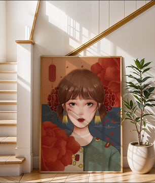 Digital art of a girl with floral and lantern elements