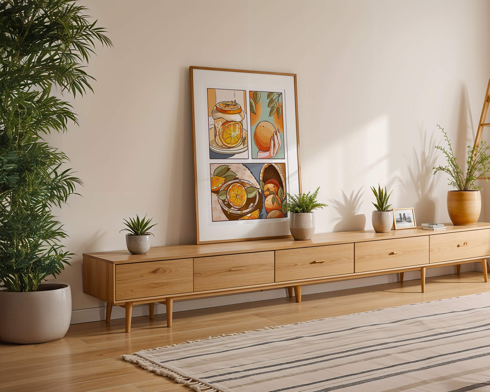 Ilustración colorida de naranjas y conservas con canasta