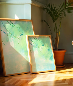 Serene Spring Scene with Birds and Leaves on a Light Blue Background