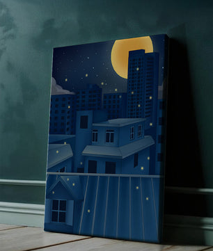 Night Urban Skyline Under a Starry Sky with Bright Full Moon