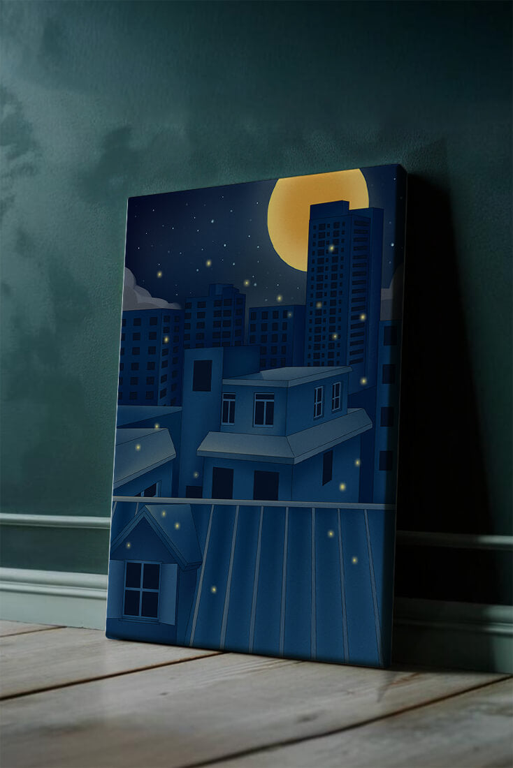 Skyline urbano nocturno bajo un cielo estrellado con una brillante luna llena