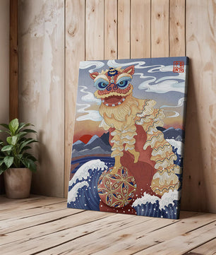 Traditionelle chinesische Löwentanzkunst mit malerischem Hintergrund