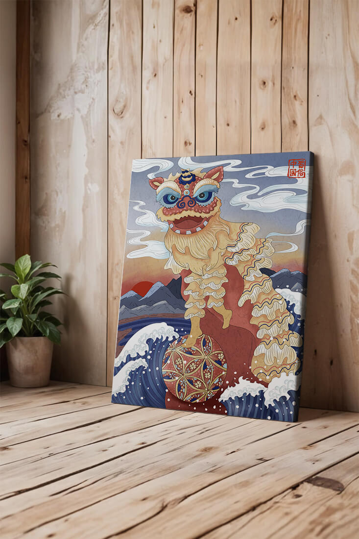 Traditionelle chinesische Löwentanzkunst mit malerischem Hintergrund