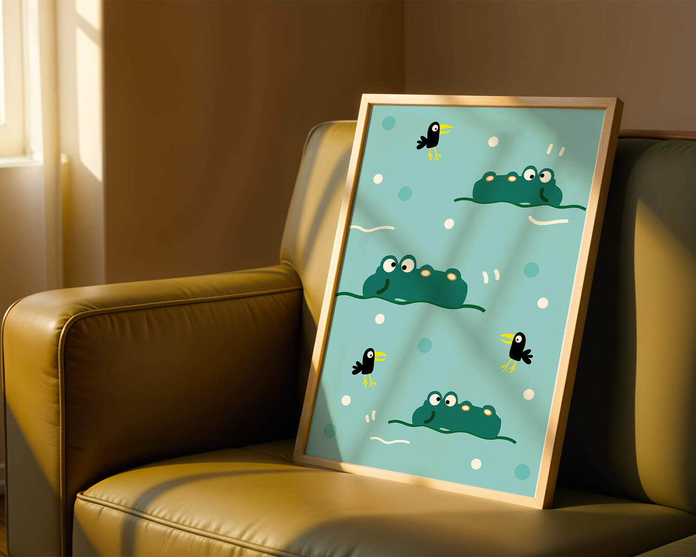 Playful cartoon crocodiles and birds on blue patterned background