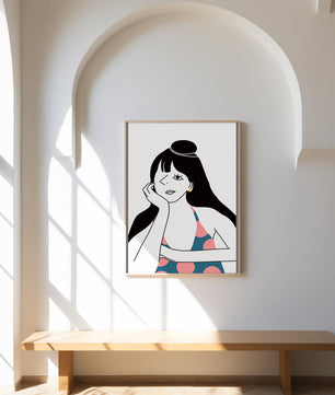 Elegant Minimalist Woman Portrait with Polka Dot Dress and Gold Earring - Mi tienda