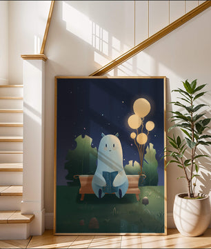 Ilustración nocturna acogedora con una criatura leyendo bajo un cielo estrellado
