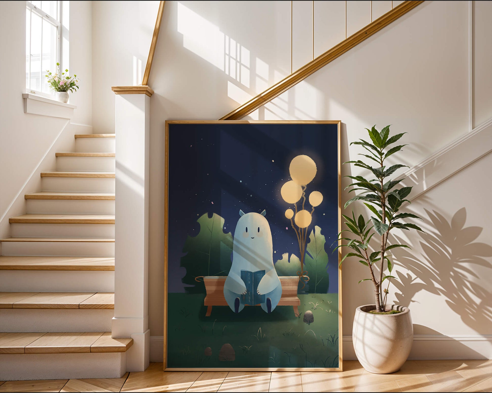 Cozy nighttime illustration with a creature reading under starry sky
