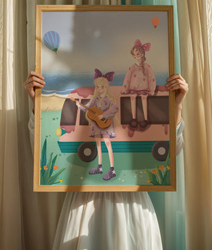 Serene beach scene with whimsical characters and hot air balloons