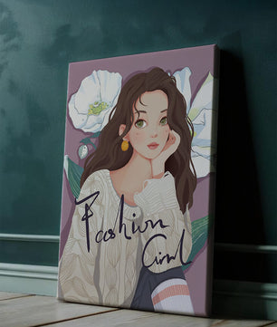 Illustrated fashion girl with floral background and purple theme
