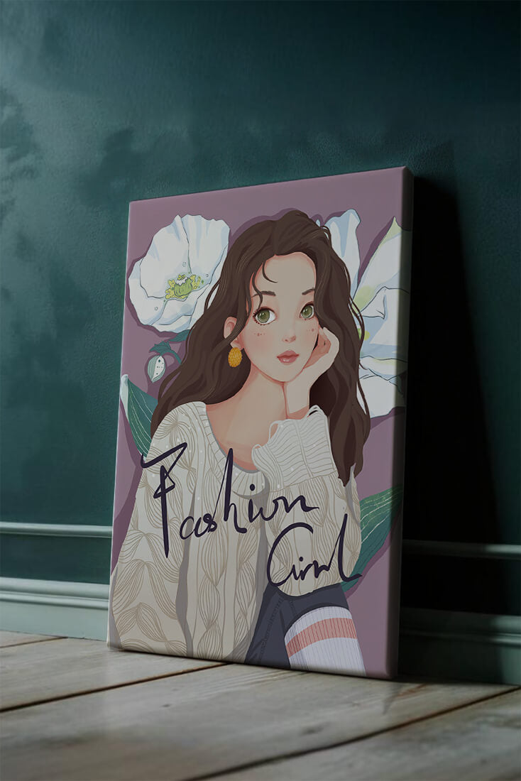 Illustrated fashion girl with floral background and purple theme
