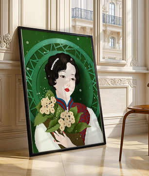 Elegant portrait of a woman with a bouquet of roses on a green abstract background