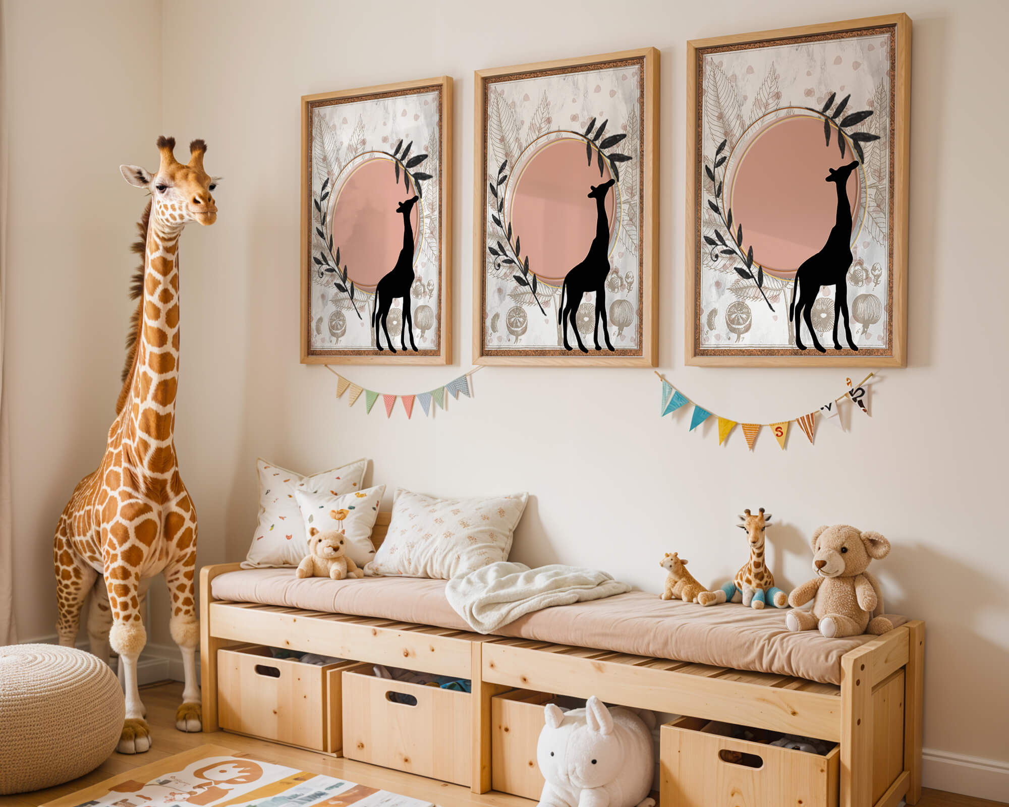 Nature-inspired artwork with giraffe silhouette and botanical elements