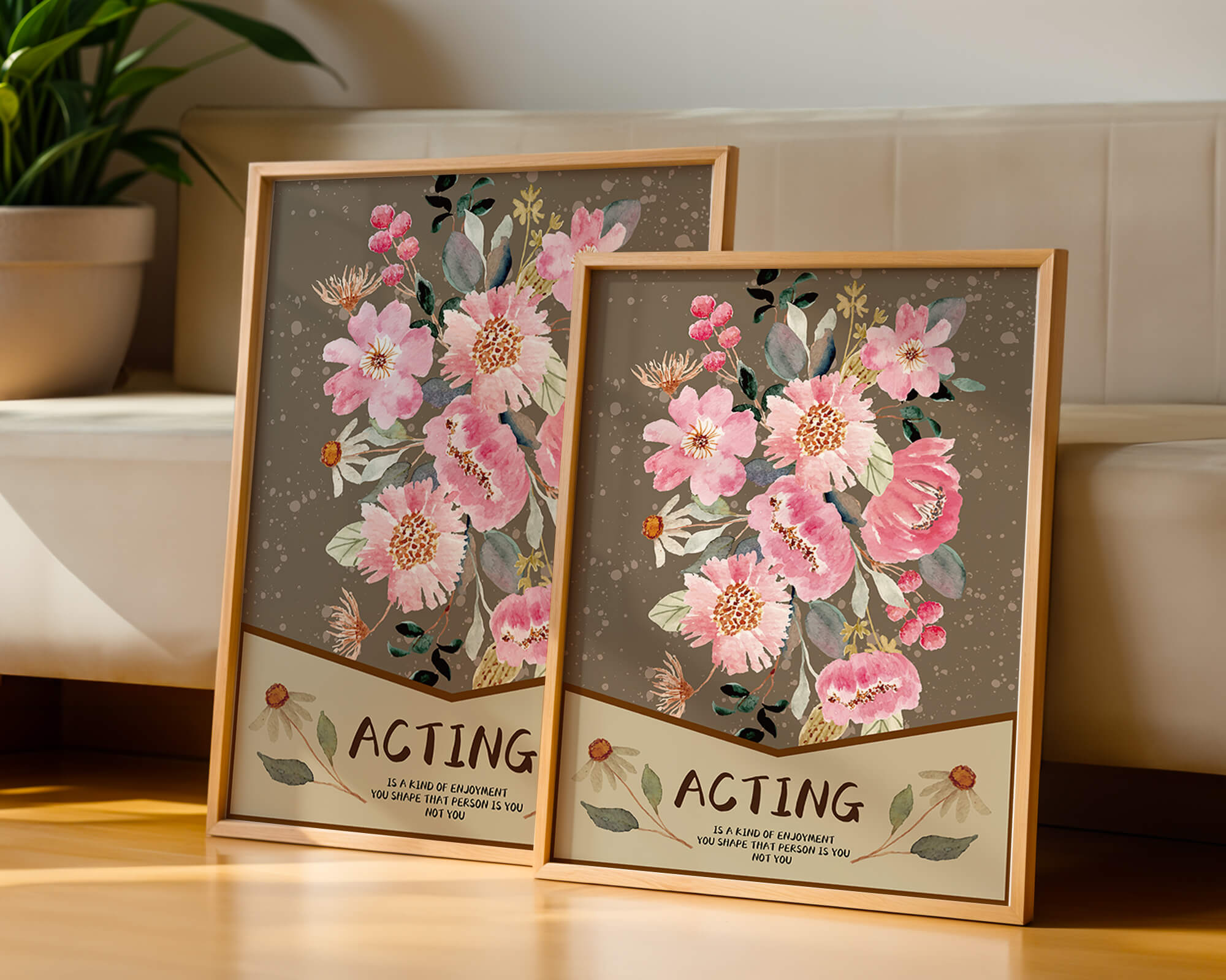 Floral watercolor illustration with motivational text on a brown dotted background
