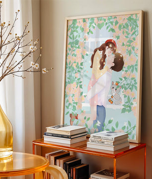 Romantic Kiss Amidst Blooming Flowers And Playful Cat