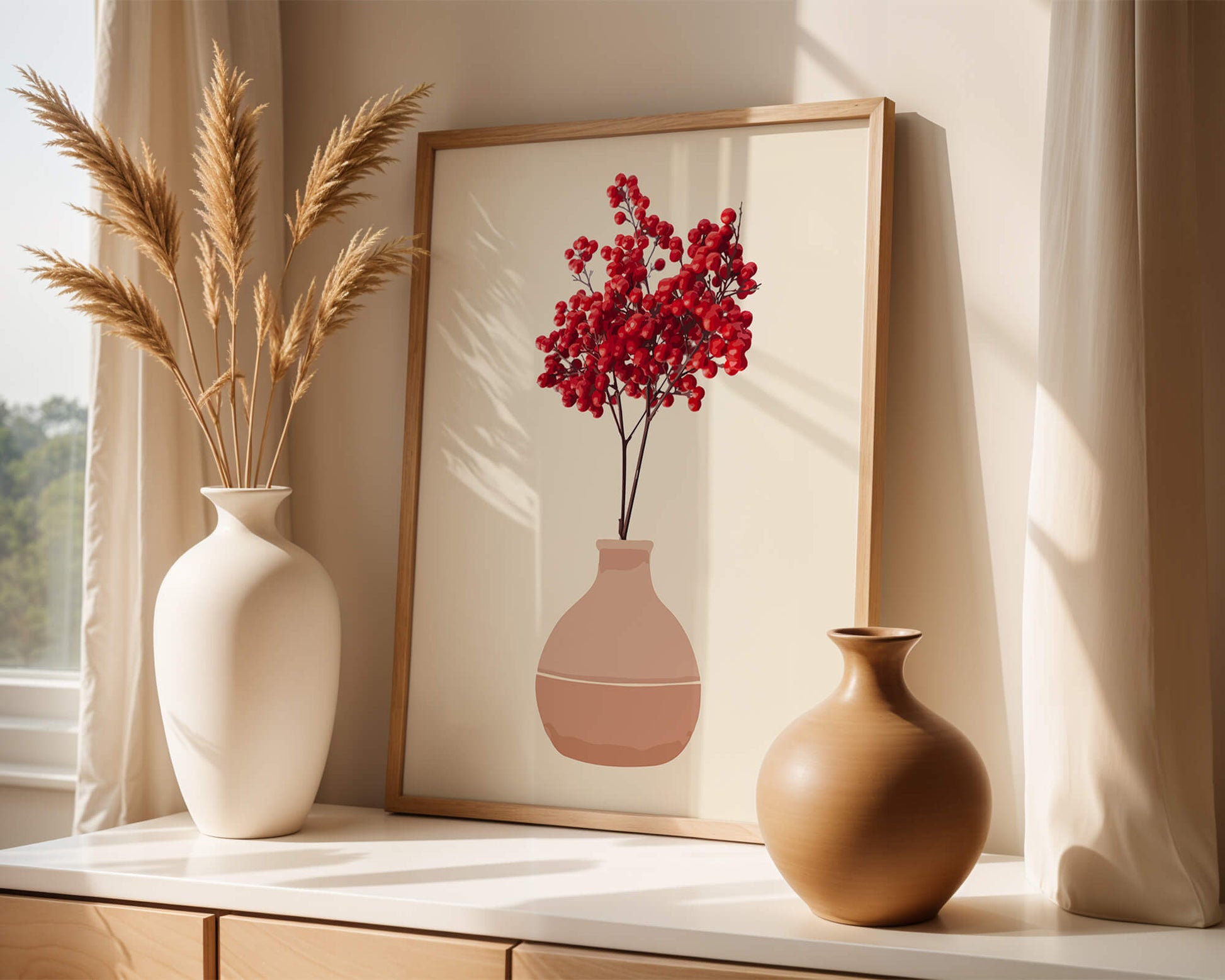 Red berries in minimalist clay vase on neutral background