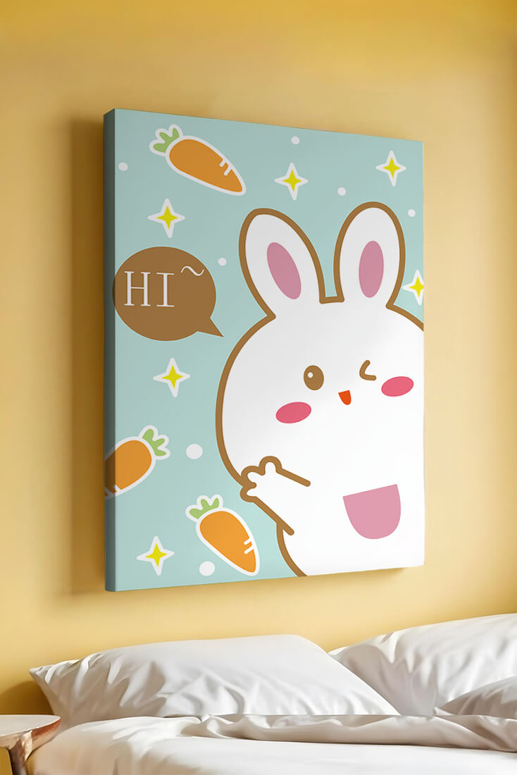 Playful cartoon bunny with carrots and stars on teal background