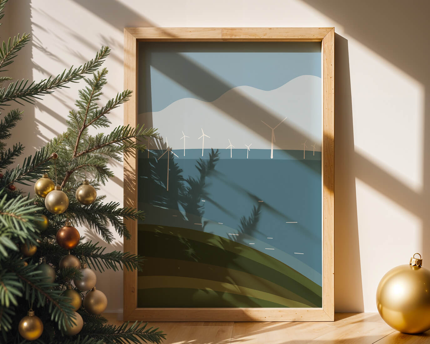 Wind Turbines on Rolling Hills Against a Clear Blue Sky