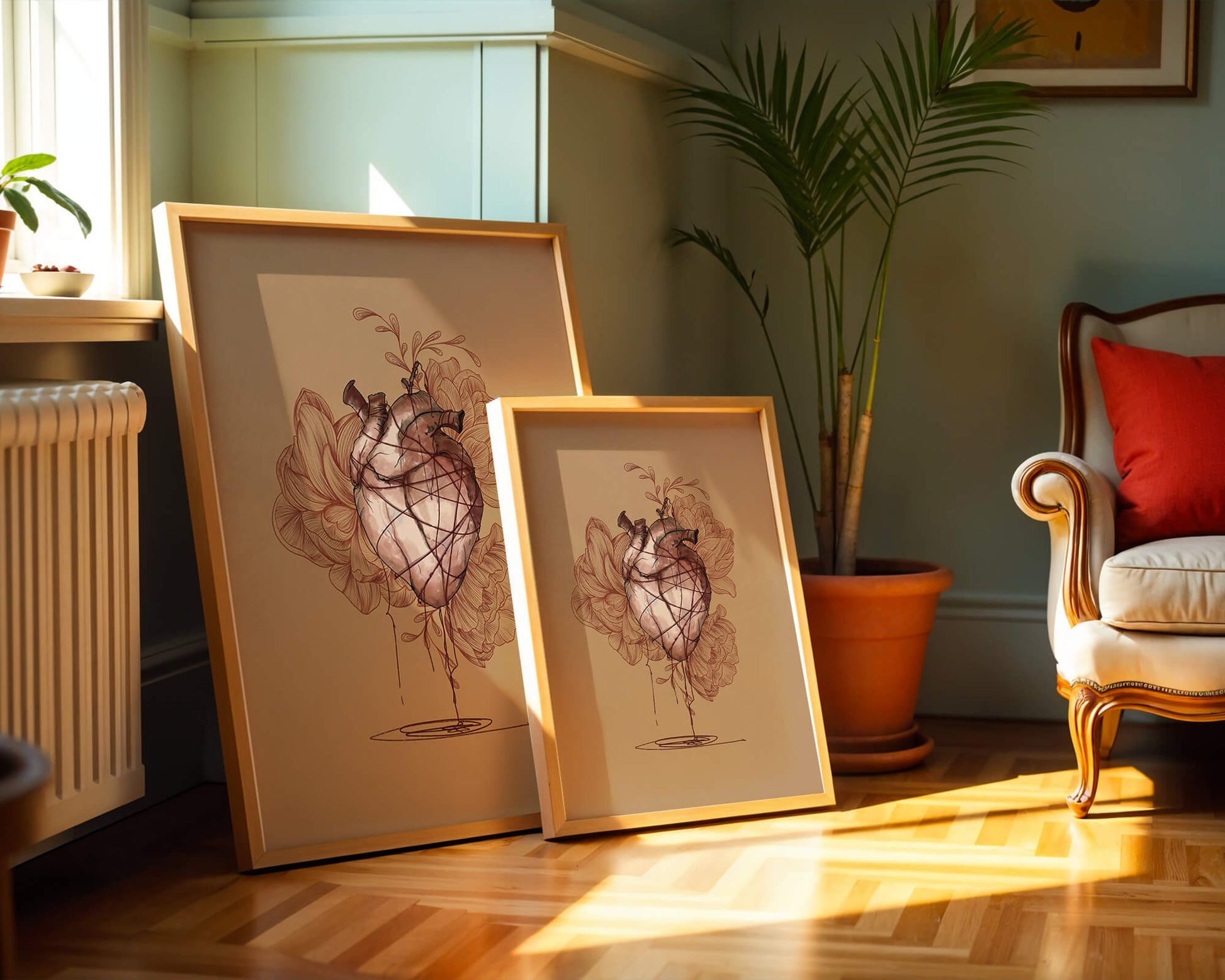 Ilustración detallada de un corazón anatómico con elementos florales sobre un fondo beige.